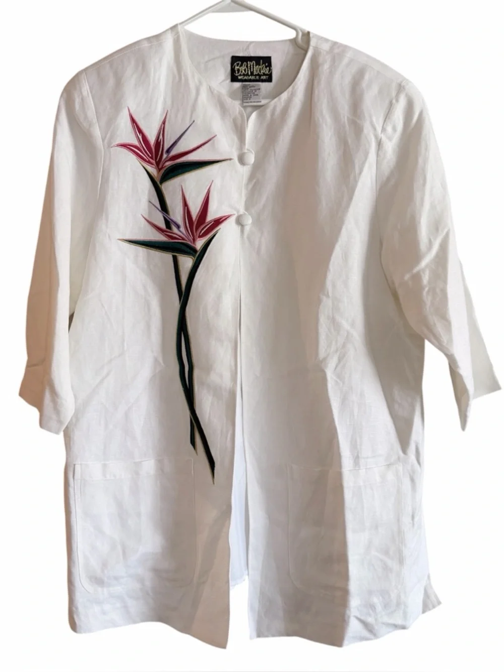 Bob Mackie Vintage Wearable Art Linen White Floral Embroidered Kimono Jacket M - Picture 1 of 5